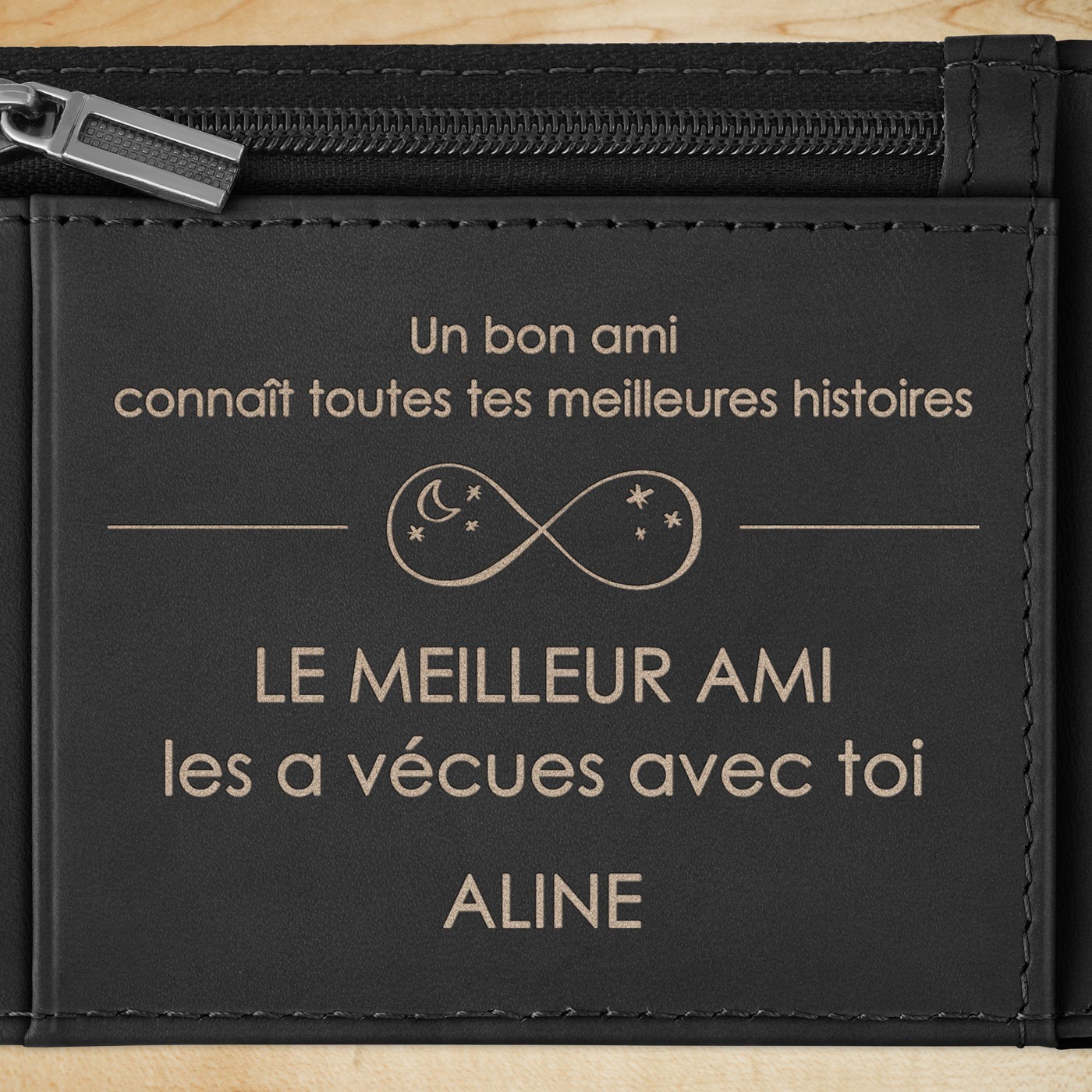 Portefeuille Slim en cuir noir carbone avec gravure pour un ami pour la Saint-Valentin