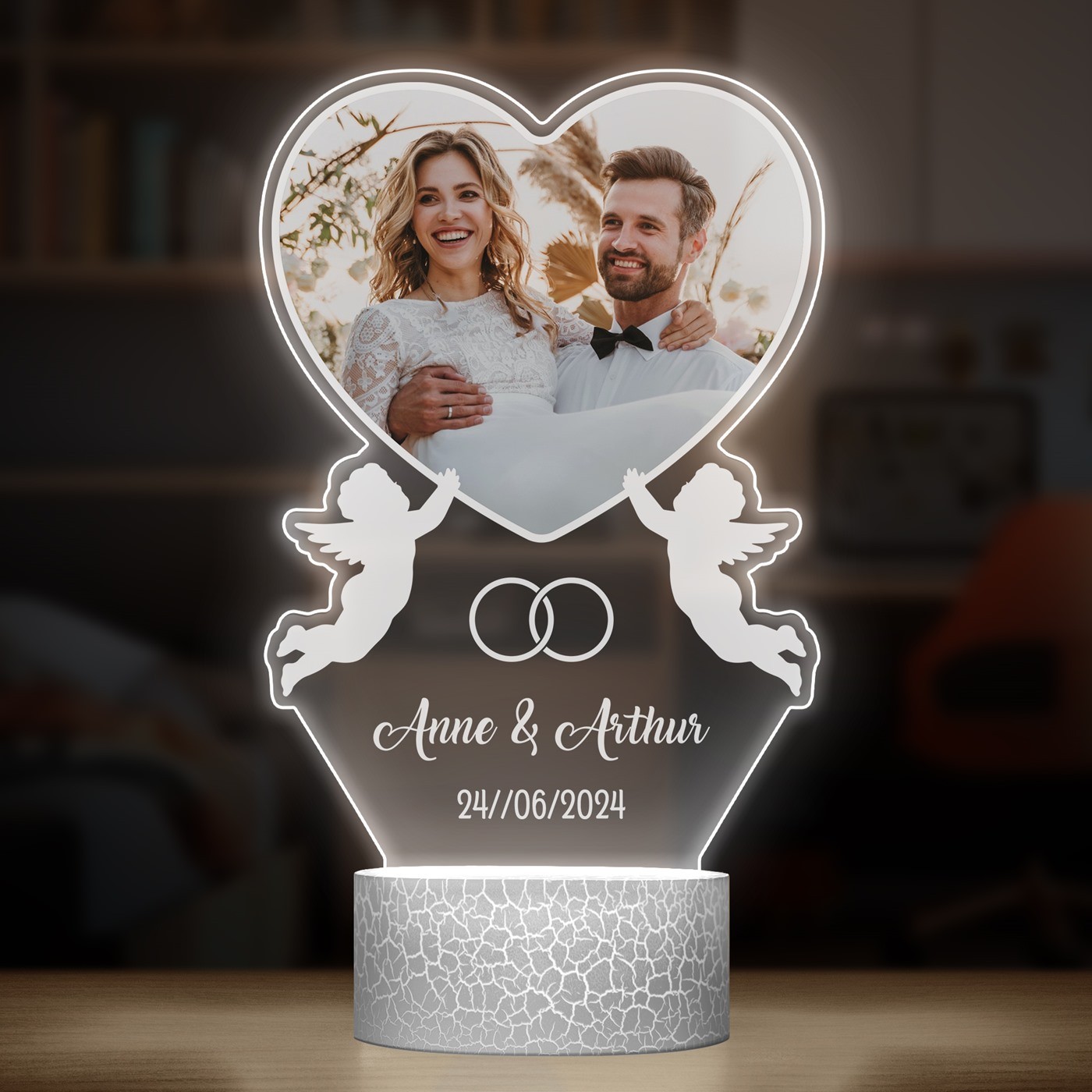 Lampe LED 3D avec impression pour jeunes mariés avec photo de mariage