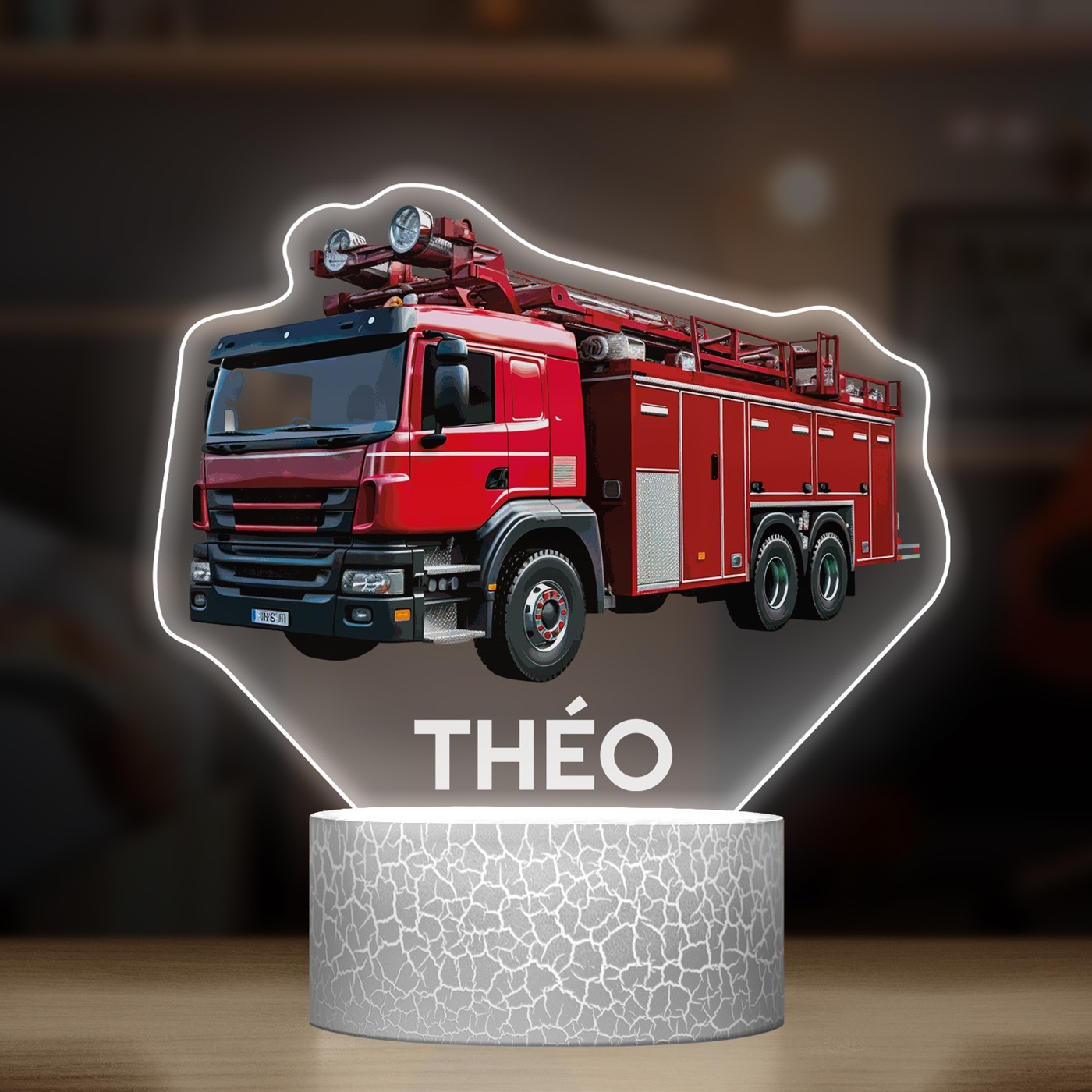 Lampe LED 3D avec impression camion de pompiers