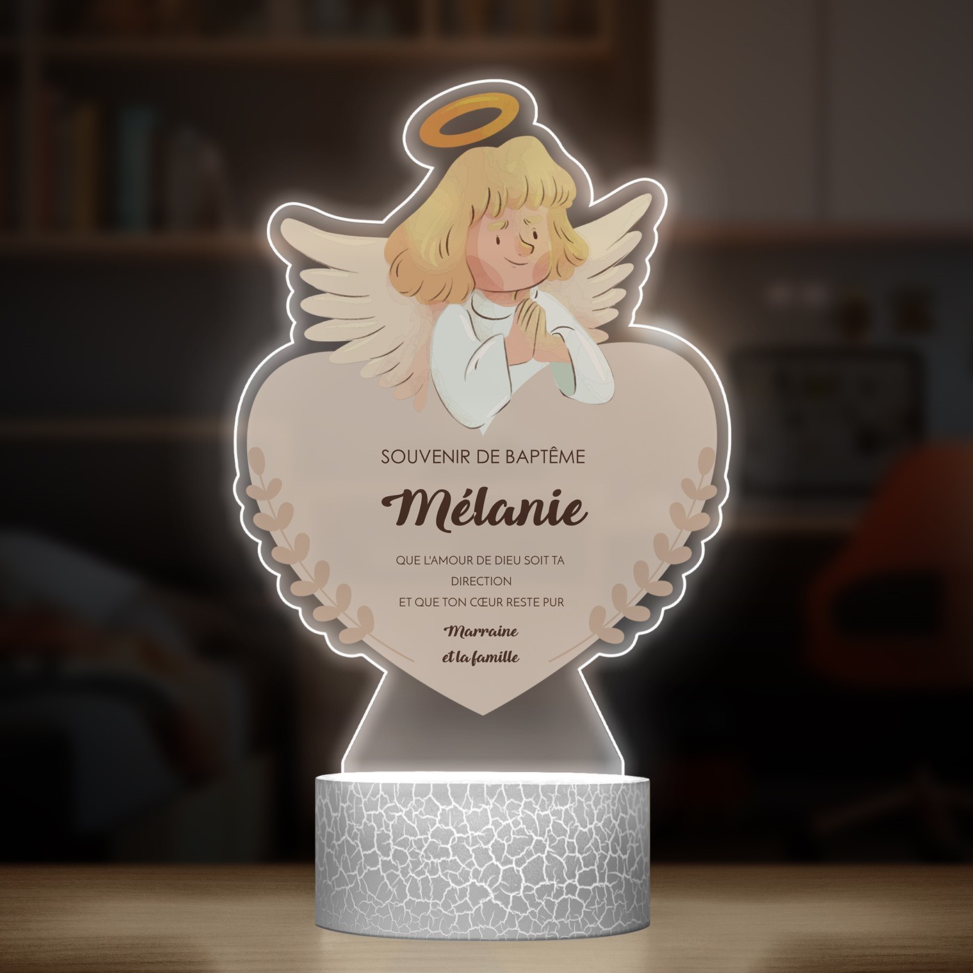 Lampe LED 3D avec impression baptême pour fille
