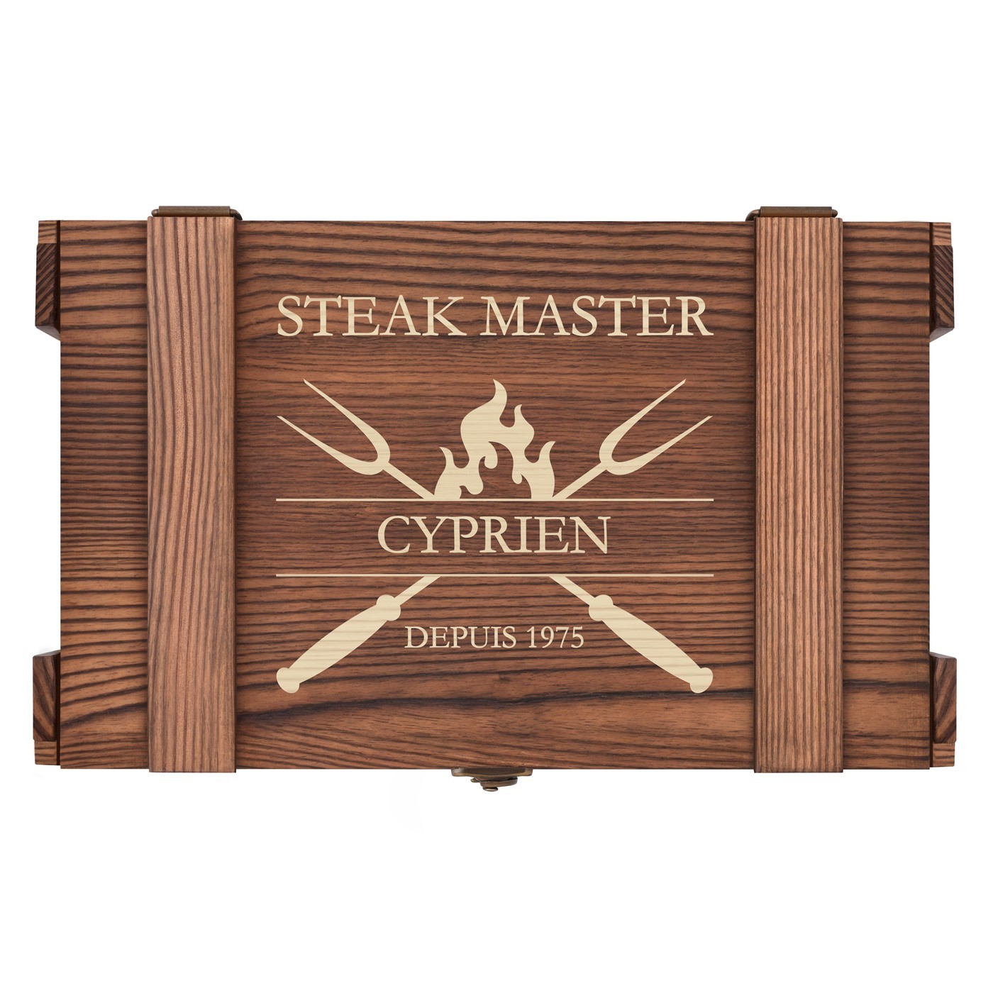 Couverts à steak pour 6 personnes dans un coffret en bois gravé pour homme