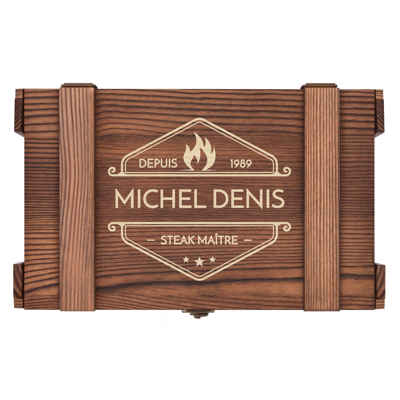 Couverts à steak pour 6 personnes dans un coffret en bois gravé pour un steak maître