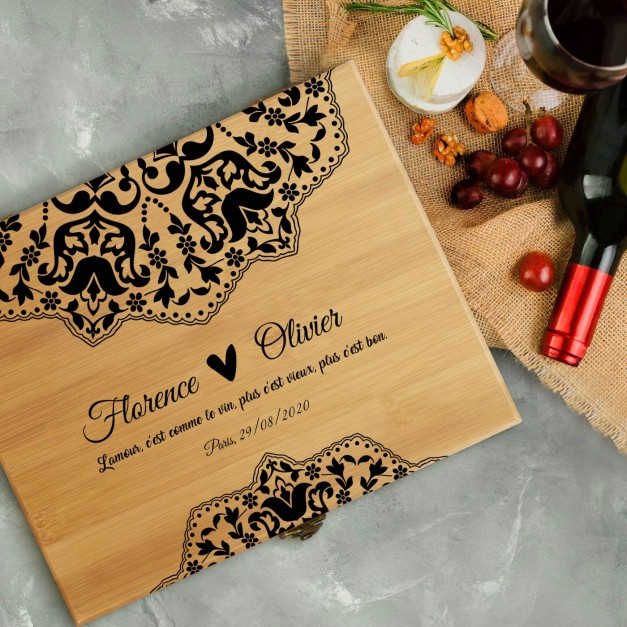 Ensemble d'accessoires pour vin avec coffret en bois de bambou avec impression pour lui et pour elle pour anniversaire de mariag