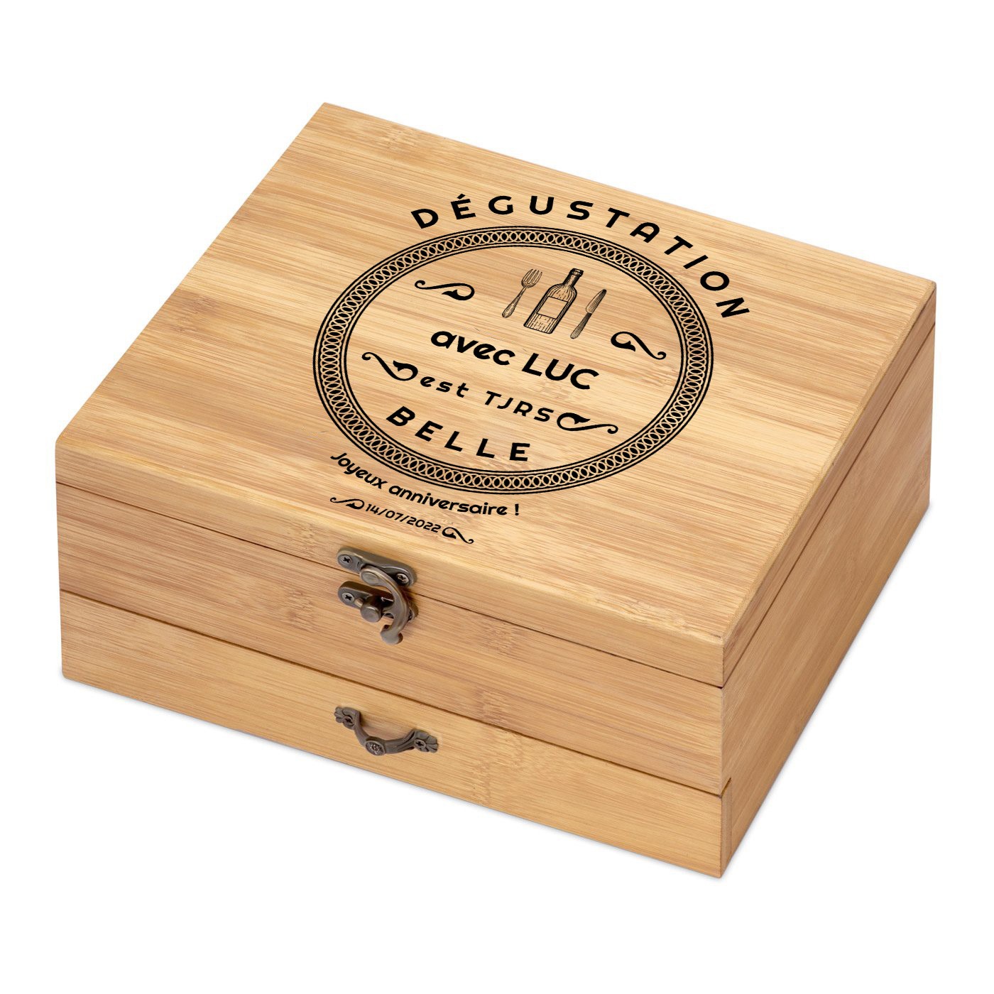 Ensemble d'accessoires pour vin avec coffret en bois de bambou avec impression pour l'anniversaire d'un copain