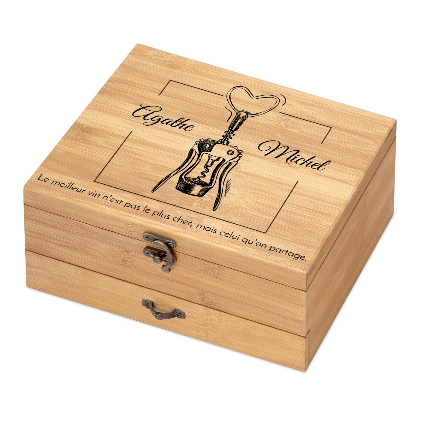 Ensemble d'accessoires pour vin avec coffret en bois de bambou personnalisé pour un couple pour l'anniversaire de mariage