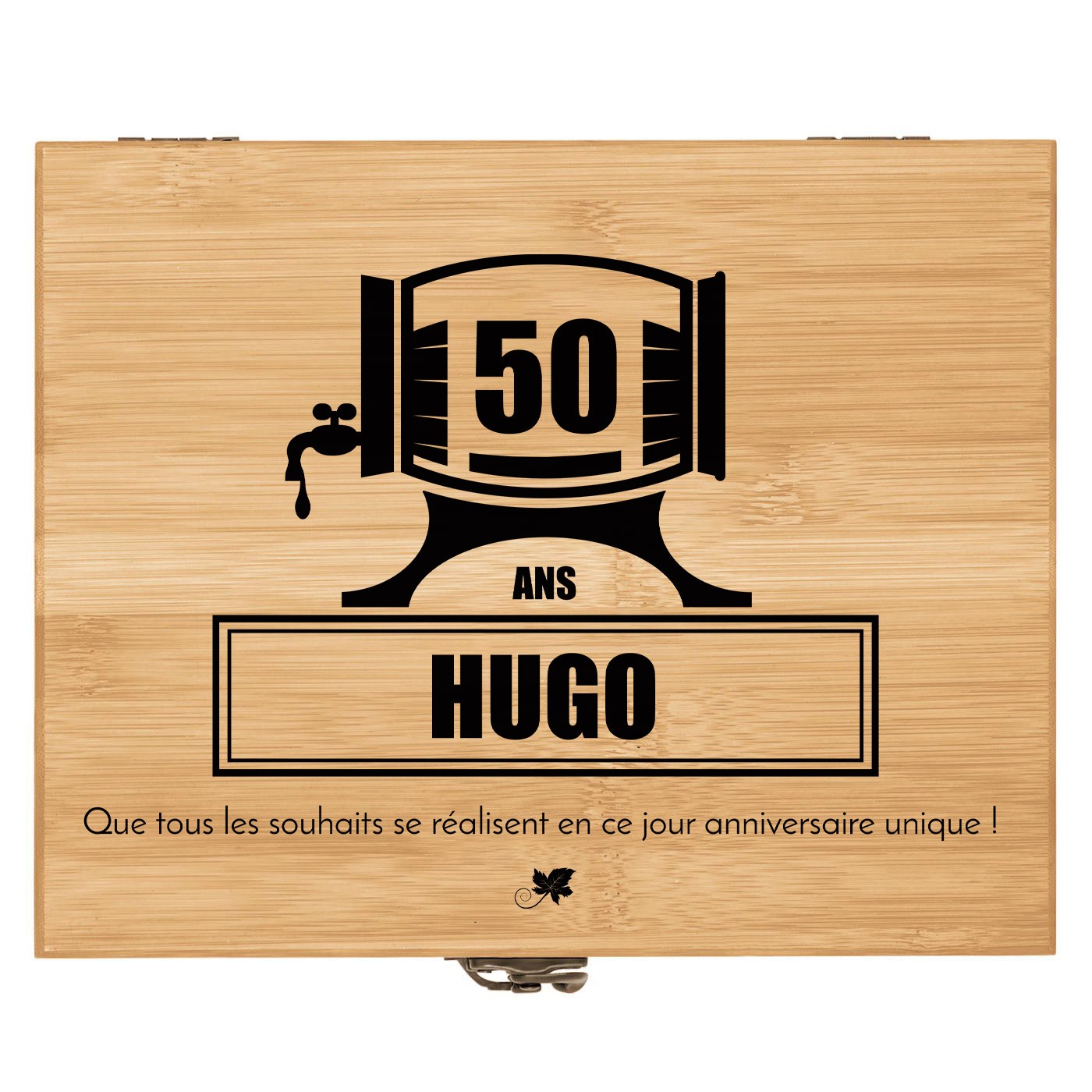 Ensemble d'accessoires pour vin avec coffret en bois de bambou personnalisé pour un homme pour ses 50 ans