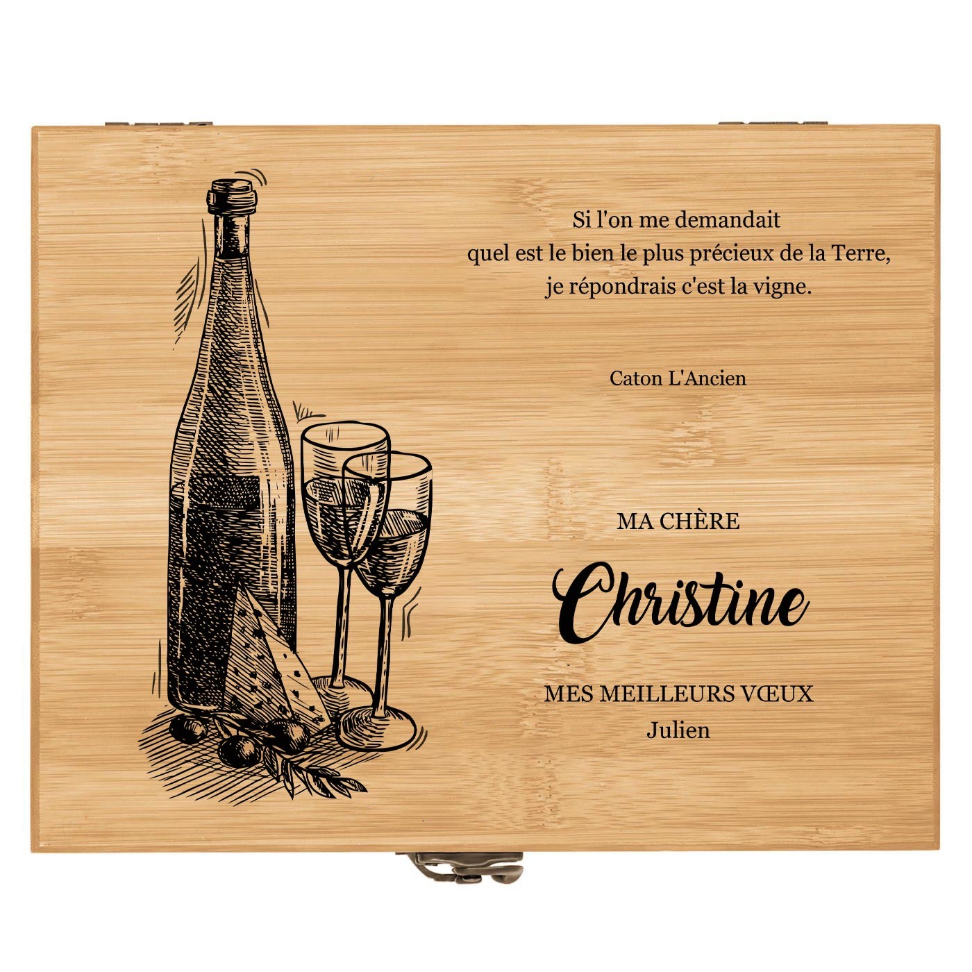 Ensemble d'accessoires pour vin avec coffret en bois de bambou avec impression pour l'anniversaire d'une femme
