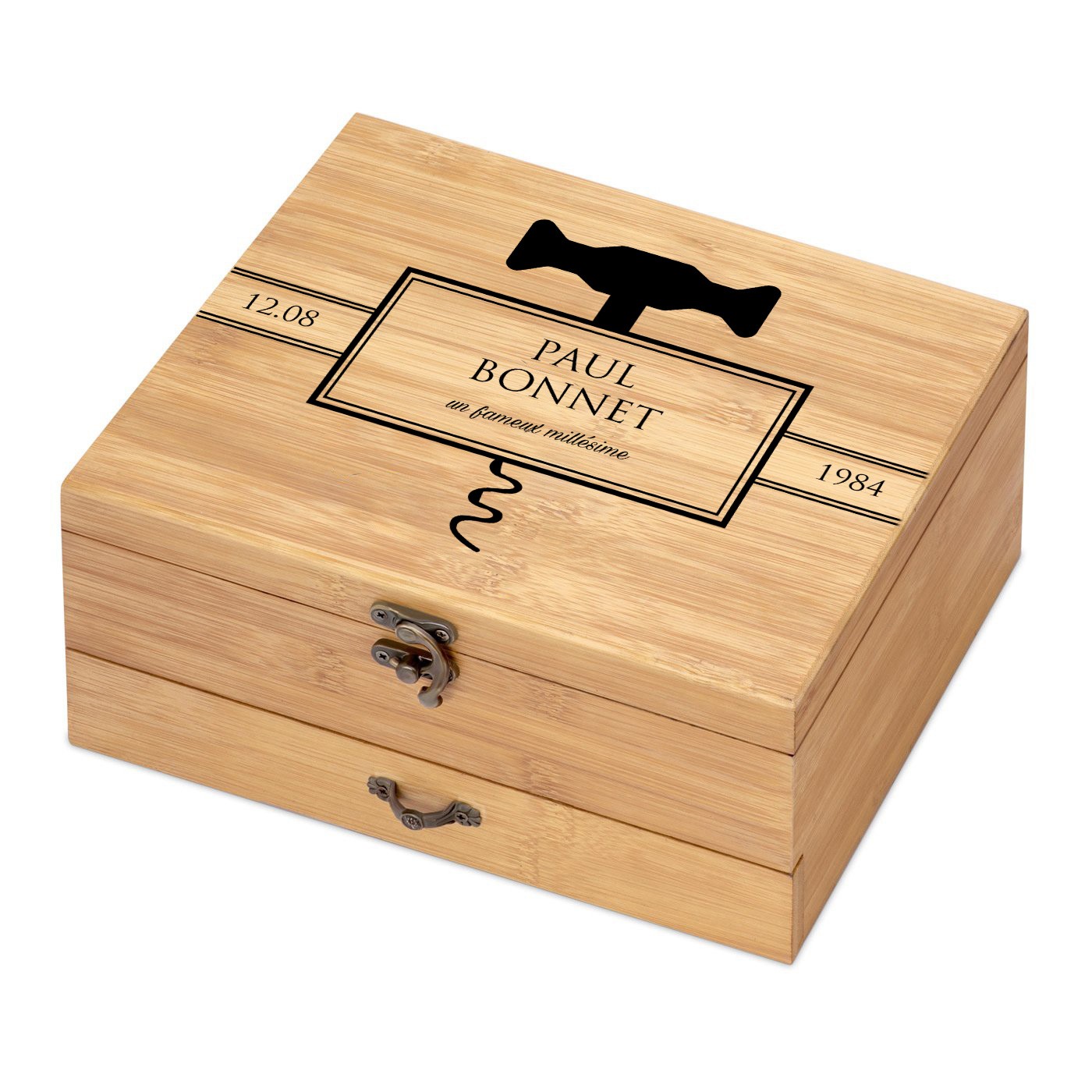Ensemble d'accessoires pour vin avec coffret en bois de bambou personnalisé pour l'anniversaire d'un collègue