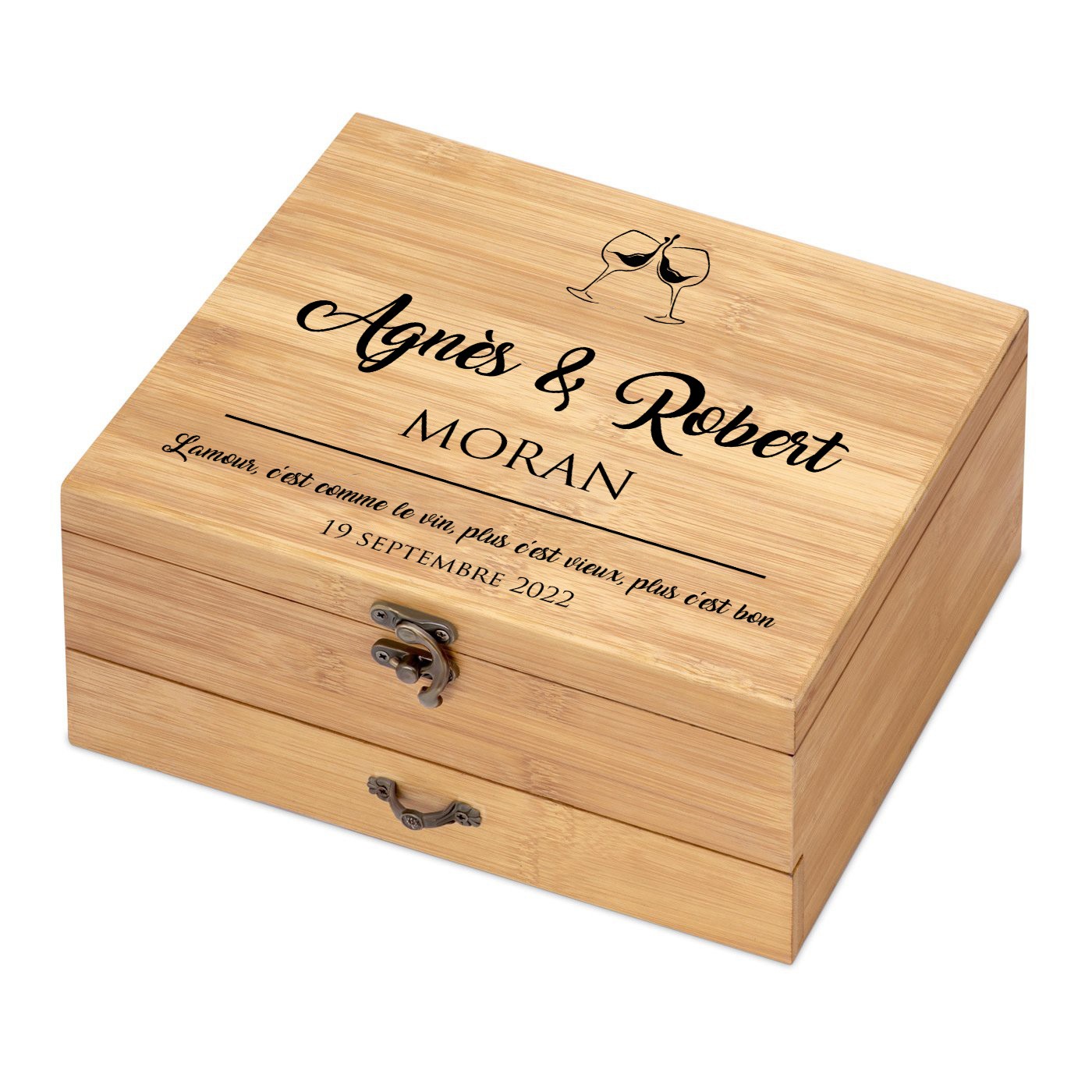 Ensemble d'accessoires pour vin avec coffret en bois de bambou personnalisé pour parents pour l'anniversaire de mariage