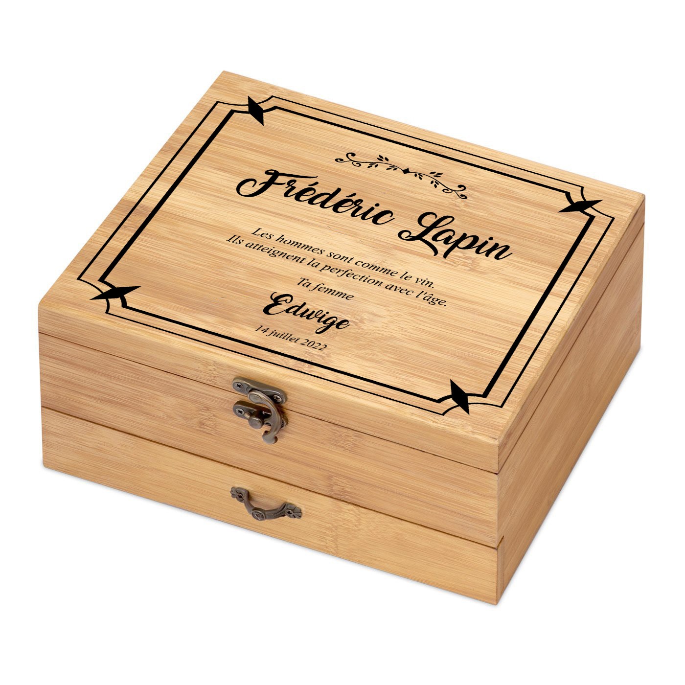Ensemble d'accessoires pour vin avec coffret en bois de bambou avec impression pour l'anniversaire d'un mari