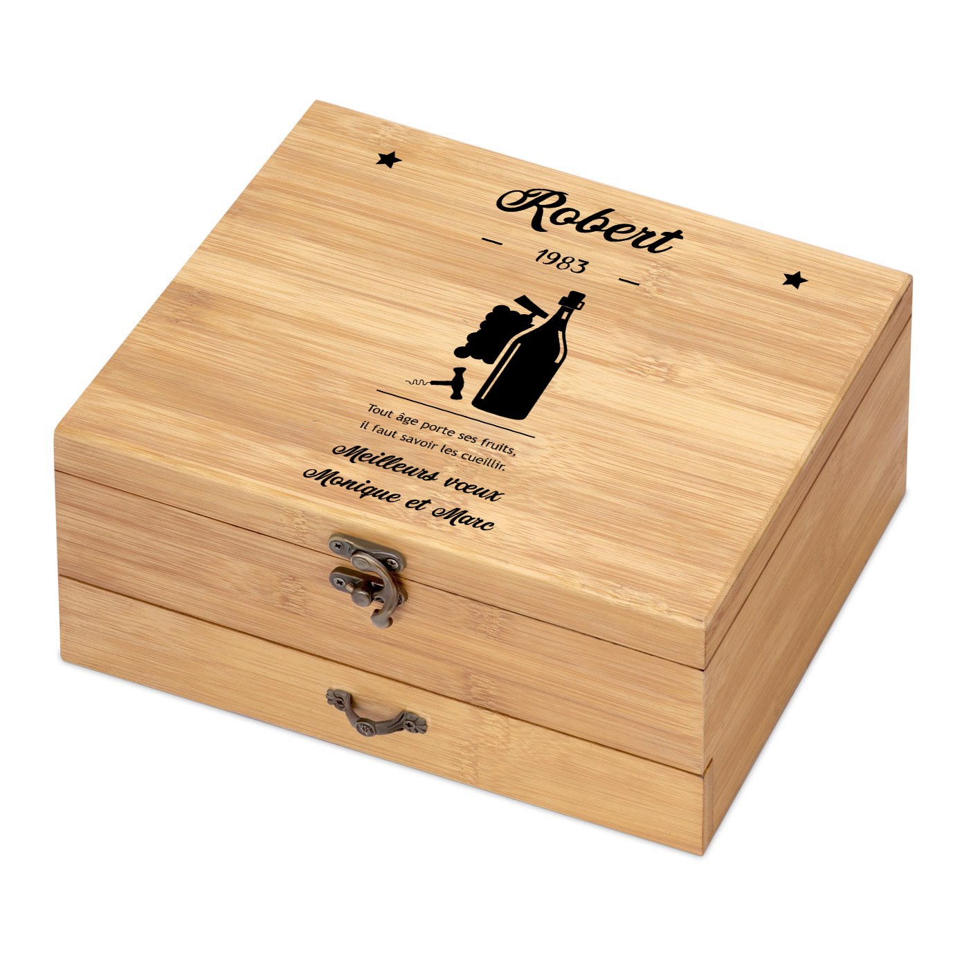Ensemble d'accessoires pour vin avec coffret en bois de bambou personnalisé pour l'anniversaire d'un fils