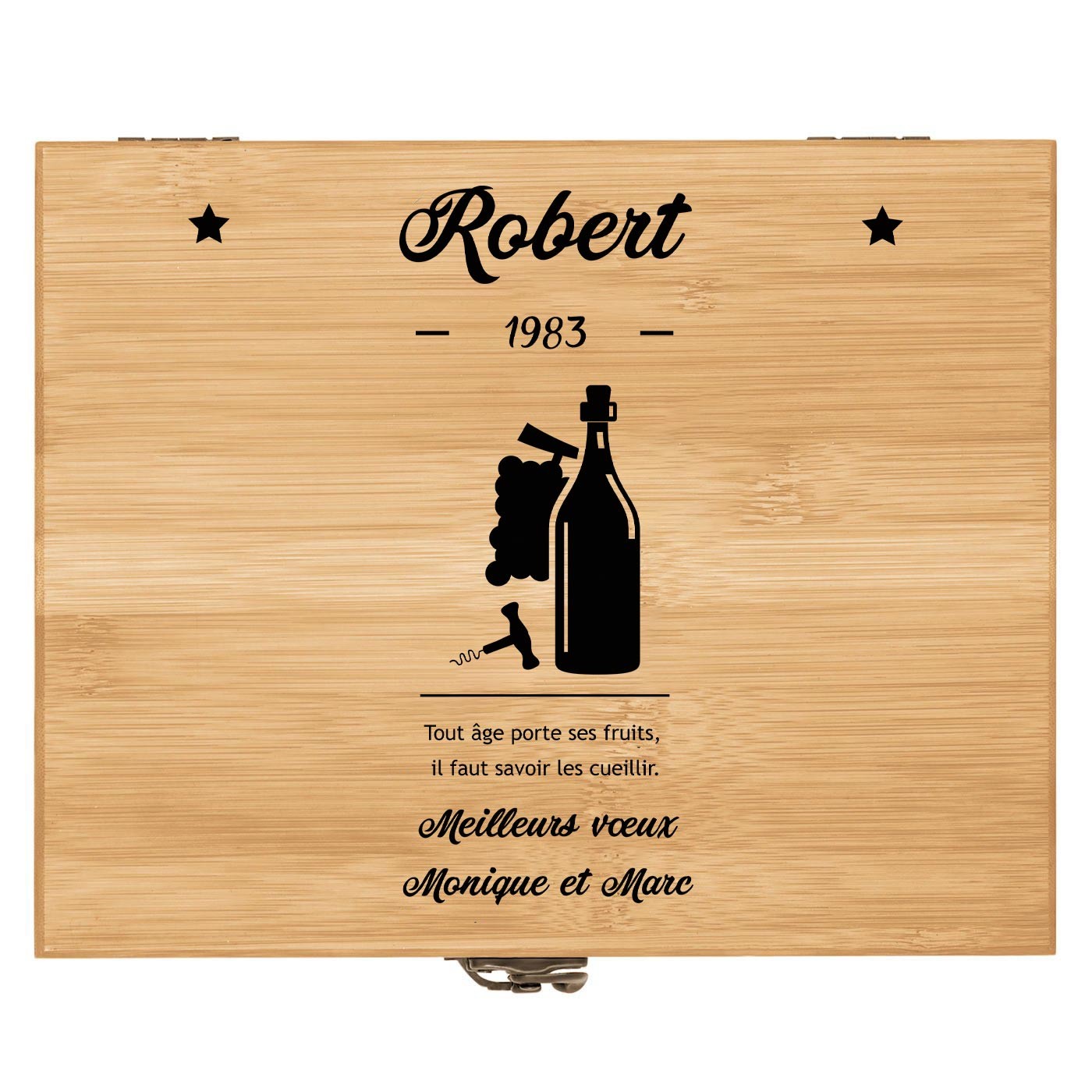 Ensemble d'accessoires pour vin avec coffret en bois de bambou personnalisé pour l'anniversaire d'un fils