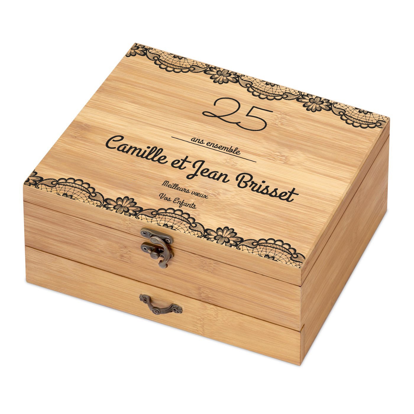 Ensemble d'accessoires pour vin avec coffret en bois de bambou avec impression pour parents pour 25 ans de mariage