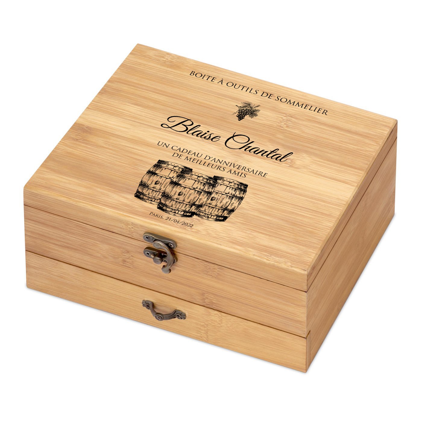 Ensemble d'accessoires pour vin avec coffret en bois de bambou personnalisé pour l'anniversaire d'une meilleure amie