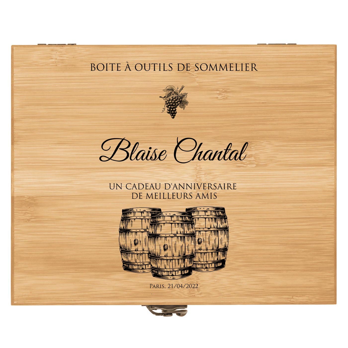 Ensemble d'accessoires pour vin avec coffret en bois de bambou personnalisé pour l'anniversaire d'une meilleure amie