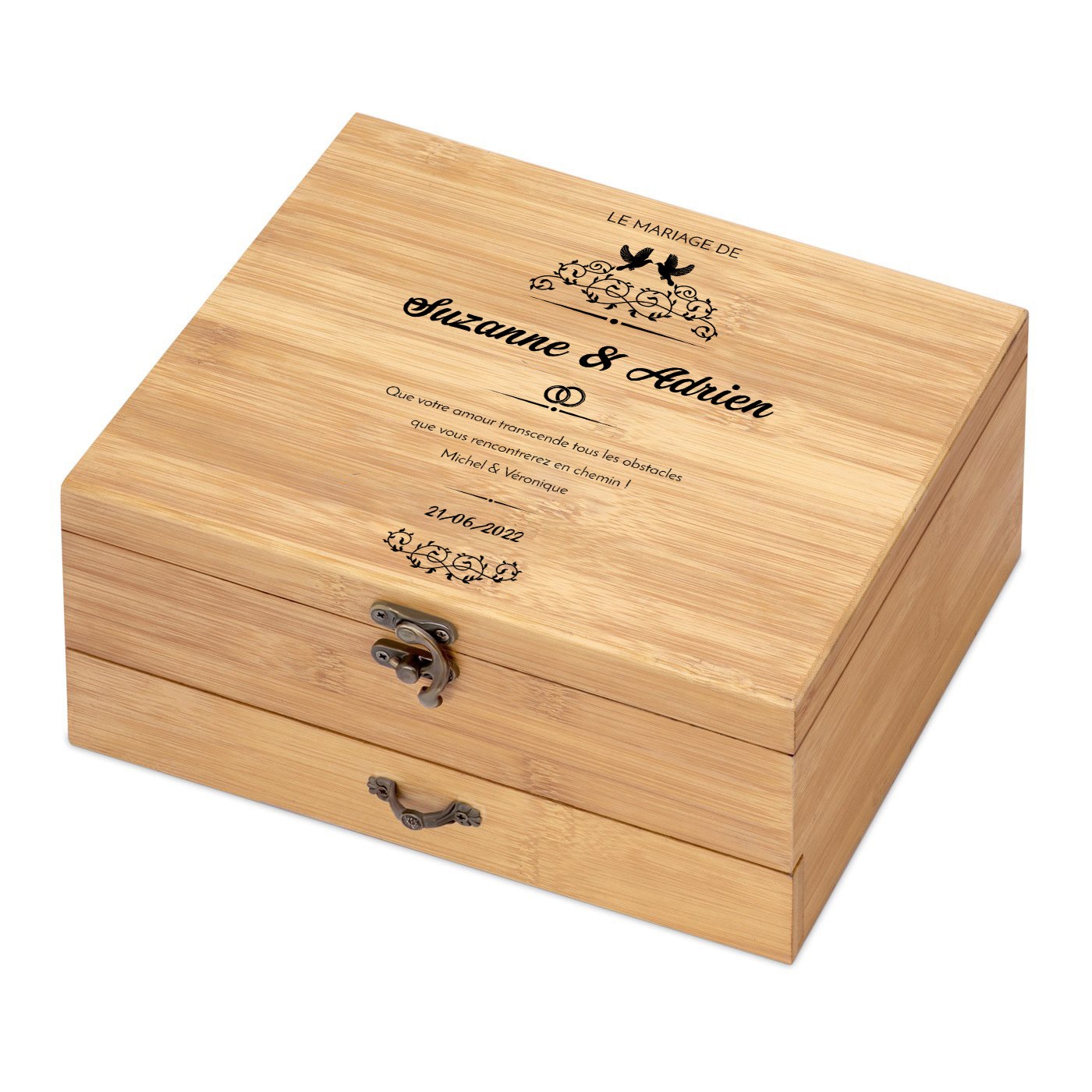 Ensemble d'accessoires pour vin avec coffret en bois de bambou personnalisé pour le marié et pour la mariée