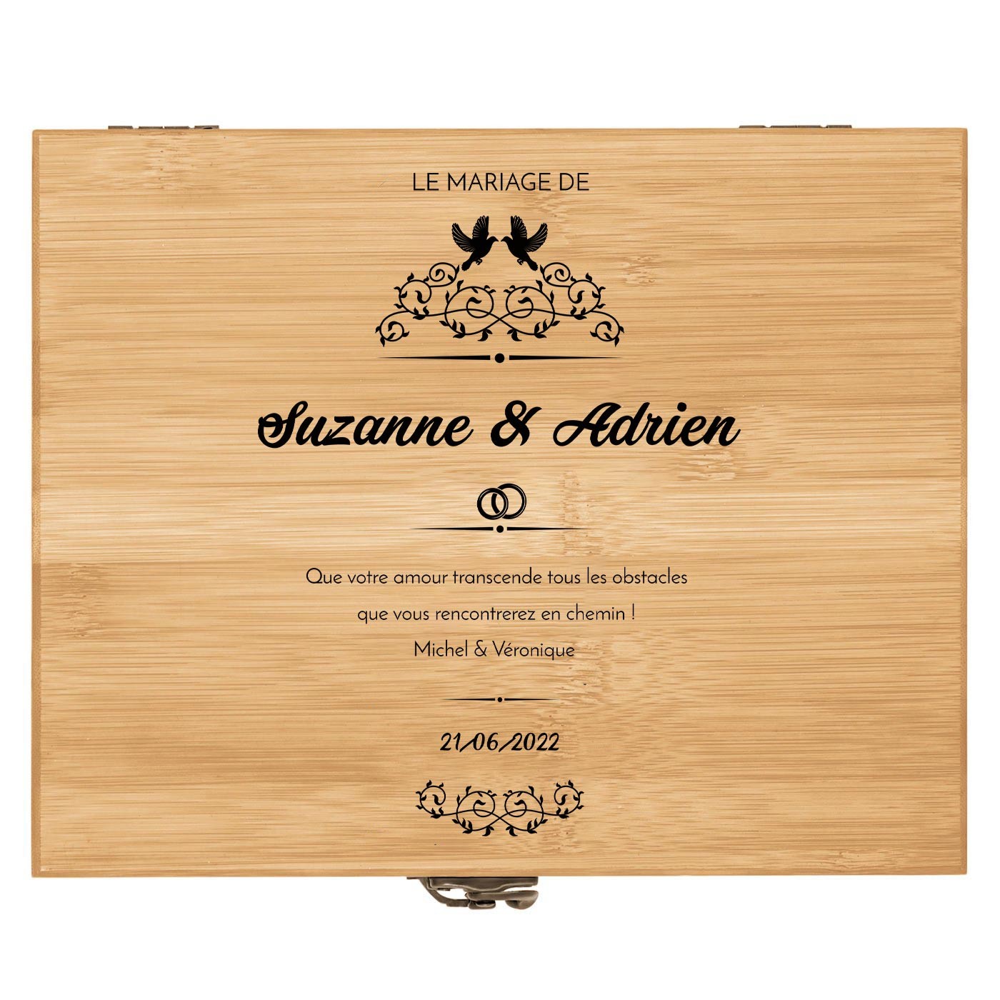 Ensemble d'accessoires pour vin avec coffret en bois de bambou personnalisé pour le marié et pour la mariée