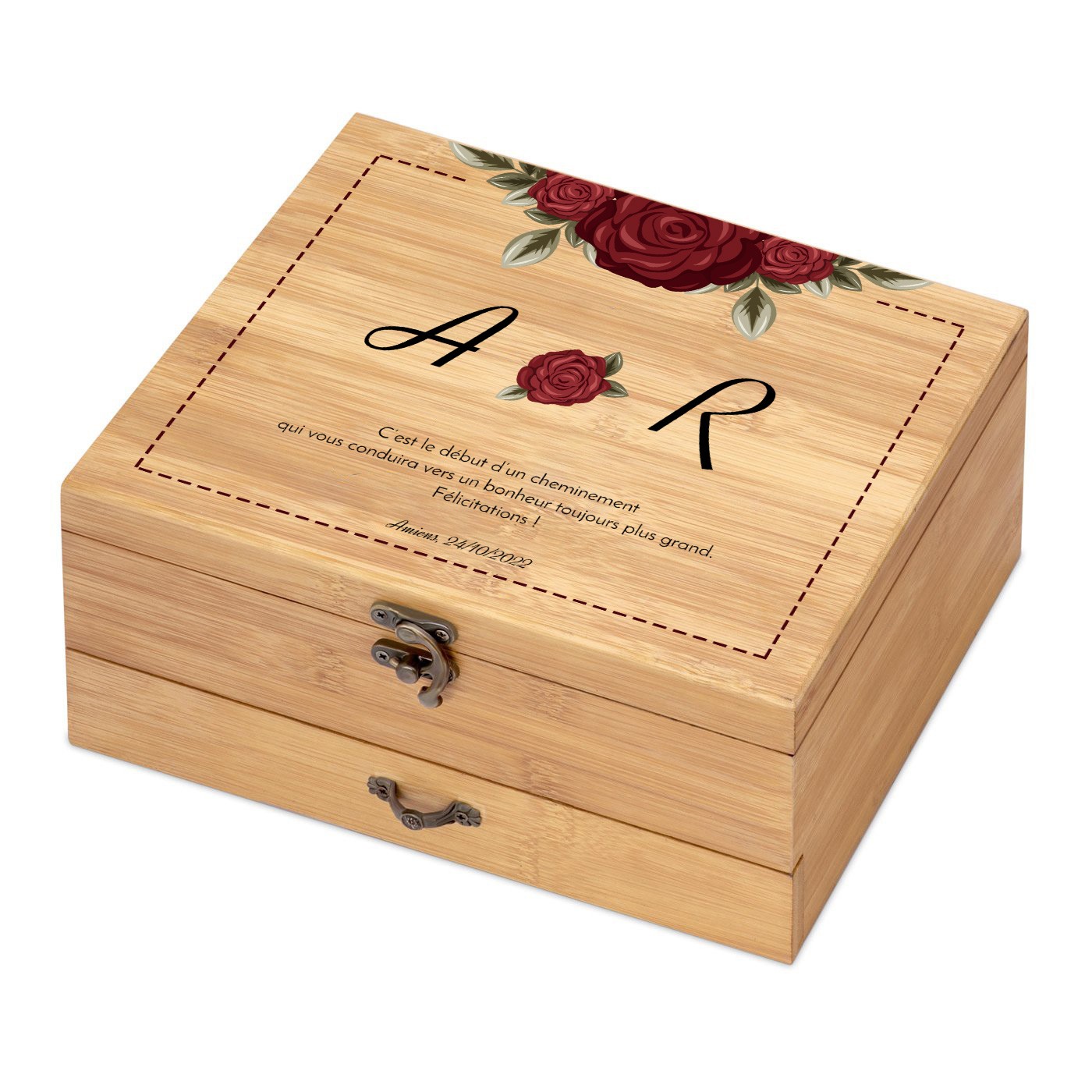 Ensemble d'accessoires pour vin avec coffret en bois de bambou avec impression pour elle et pour lui pour mariage