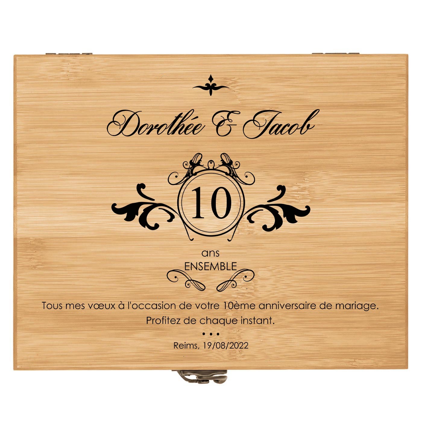 Ensemble d'accessoires pour vin avec coffret en bois de bambou avec impression pour un couple pour 10 ans de mariage