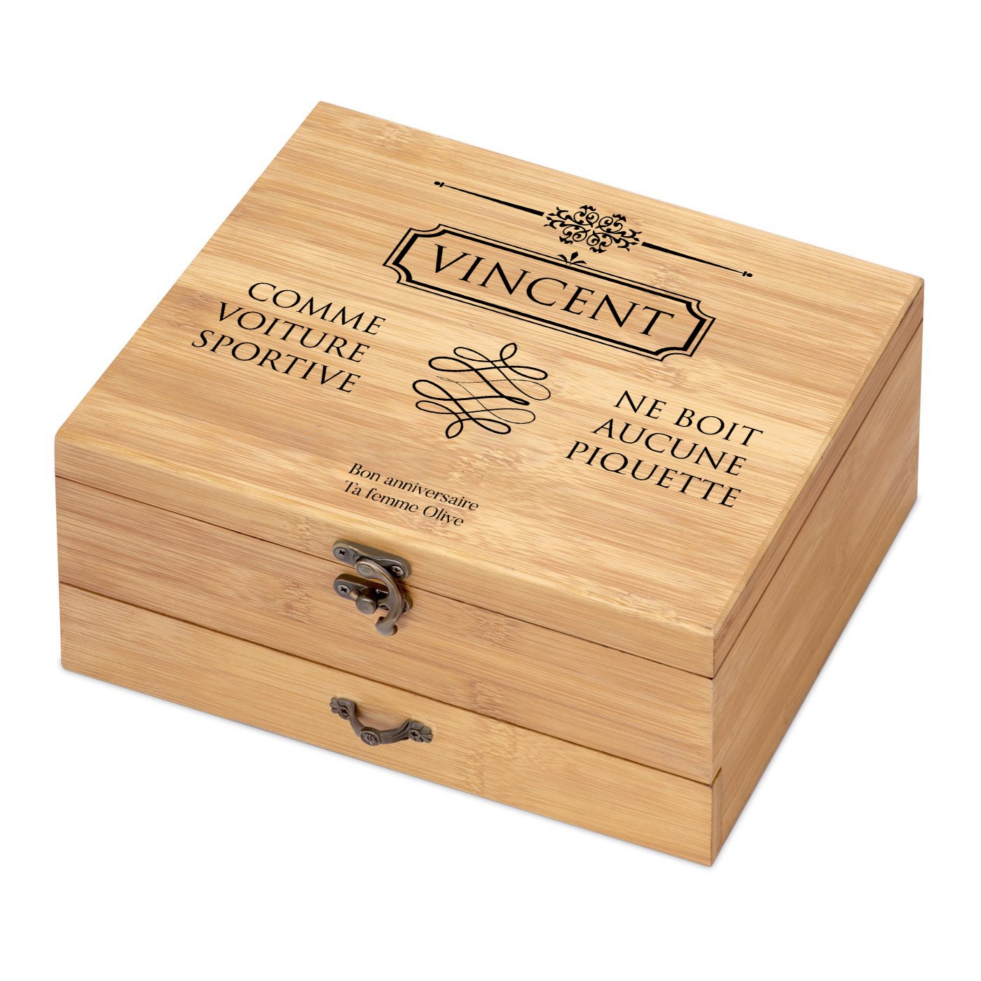 Ensemble d'accessoires pour vin avec coffret en bois de bambou personnalisé pour un mari pour son anniversaire