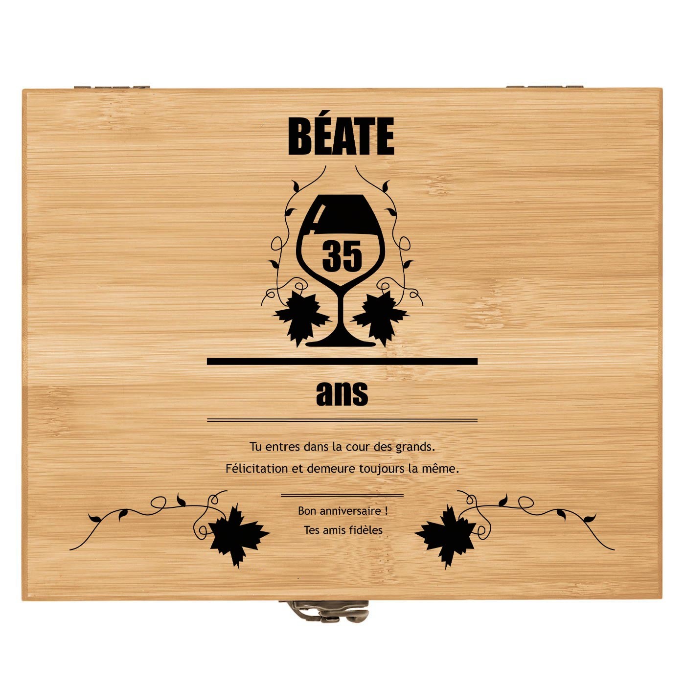 Ensemble d'accessoires pour vin avec coffret en bois de bambou avec impression pour une amie pour ses 35 ans