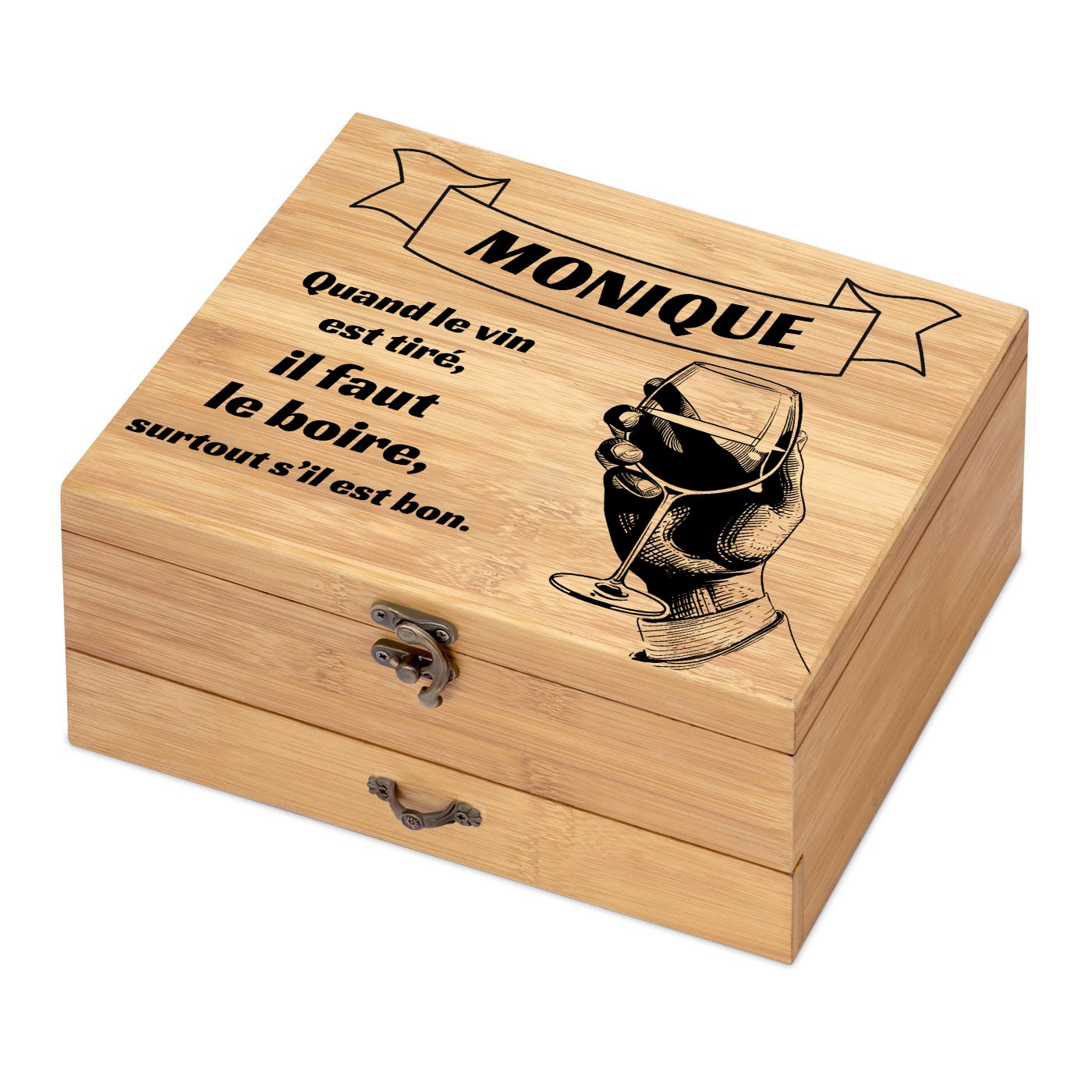 Ensemble d'accessoires pour vin avec coffret en bois de bambou personnalisé pour l'anniversaire d'une copine