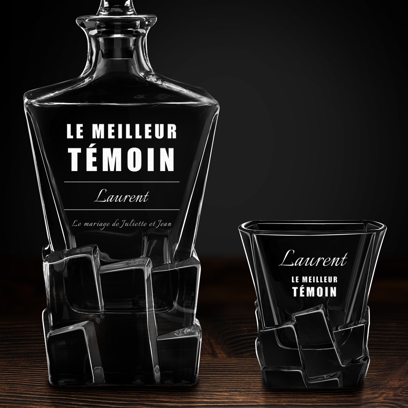 Carafe à whisky Ice Blink et 4 verres avec gravure pour un témoin de mariage