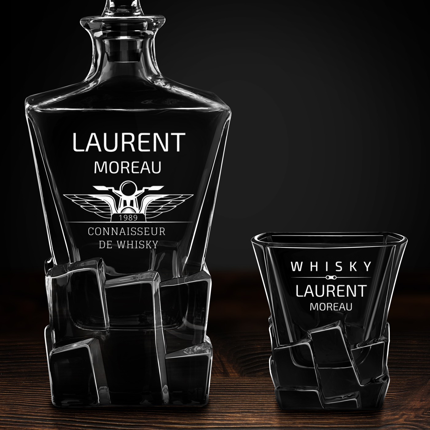 Carafe à whisky Ice Blink et 4 verres avec gravure pour un motard