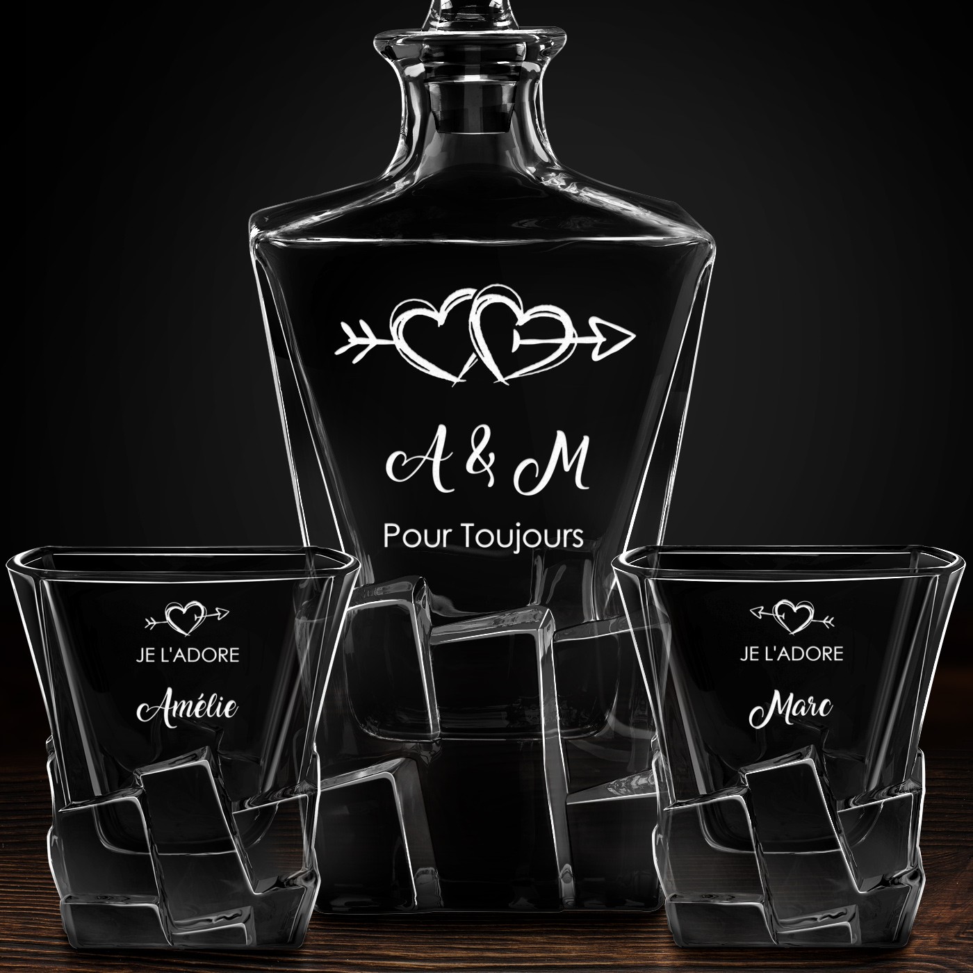 Carafe à whisky Ice Blink et 2 verres avec gravure pour des amoureux