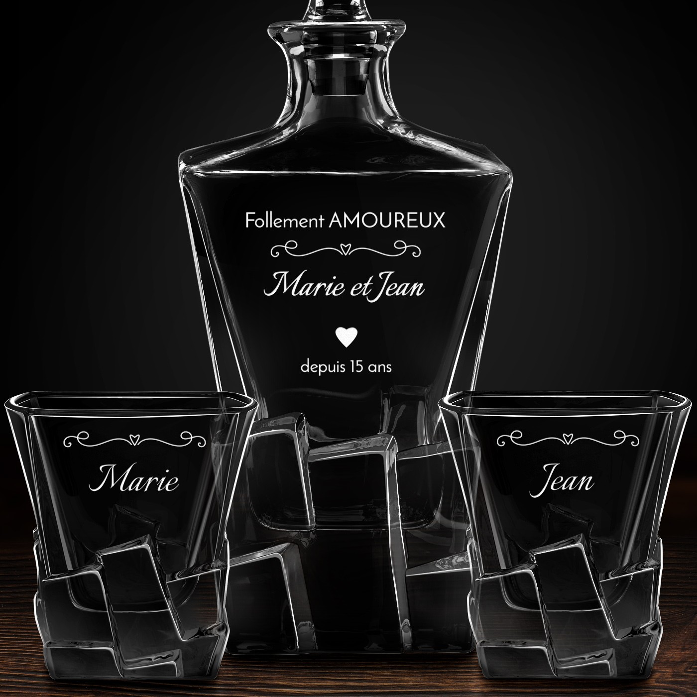 Carafe à whisky Ice Blink et 2 verres avec gravure pour 15 ans de mariage
