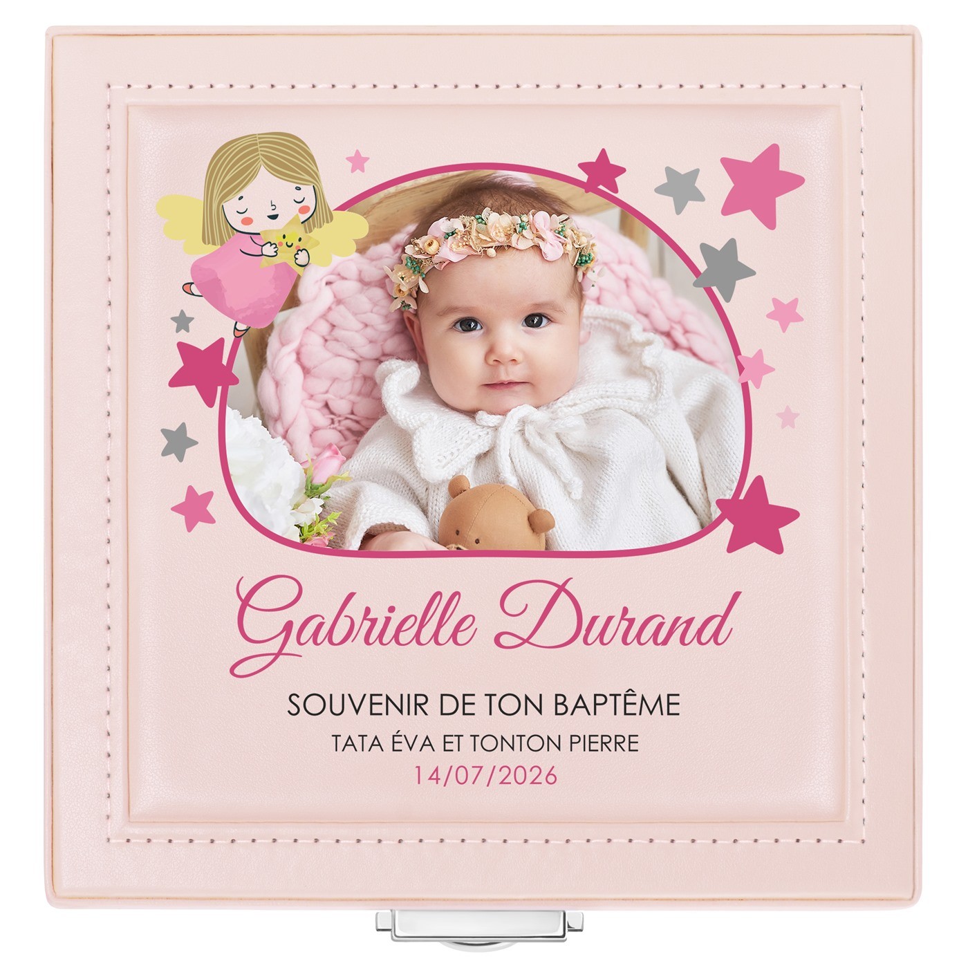 Coffret à bijoux rose avec votre photo pour le baptême d'une nièce