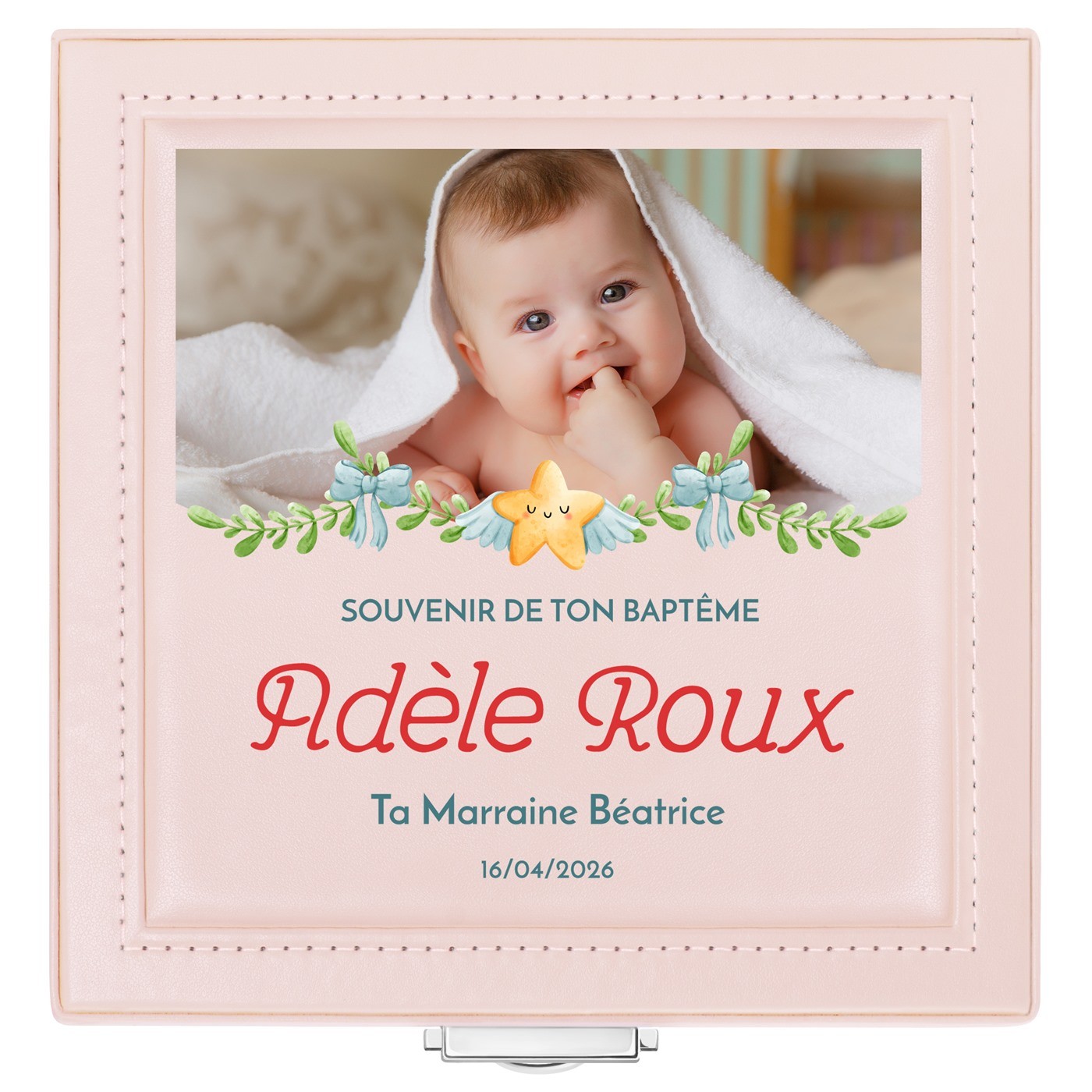 Coffret à bijoux rose avec votre photo pour le baptême d'une filleule