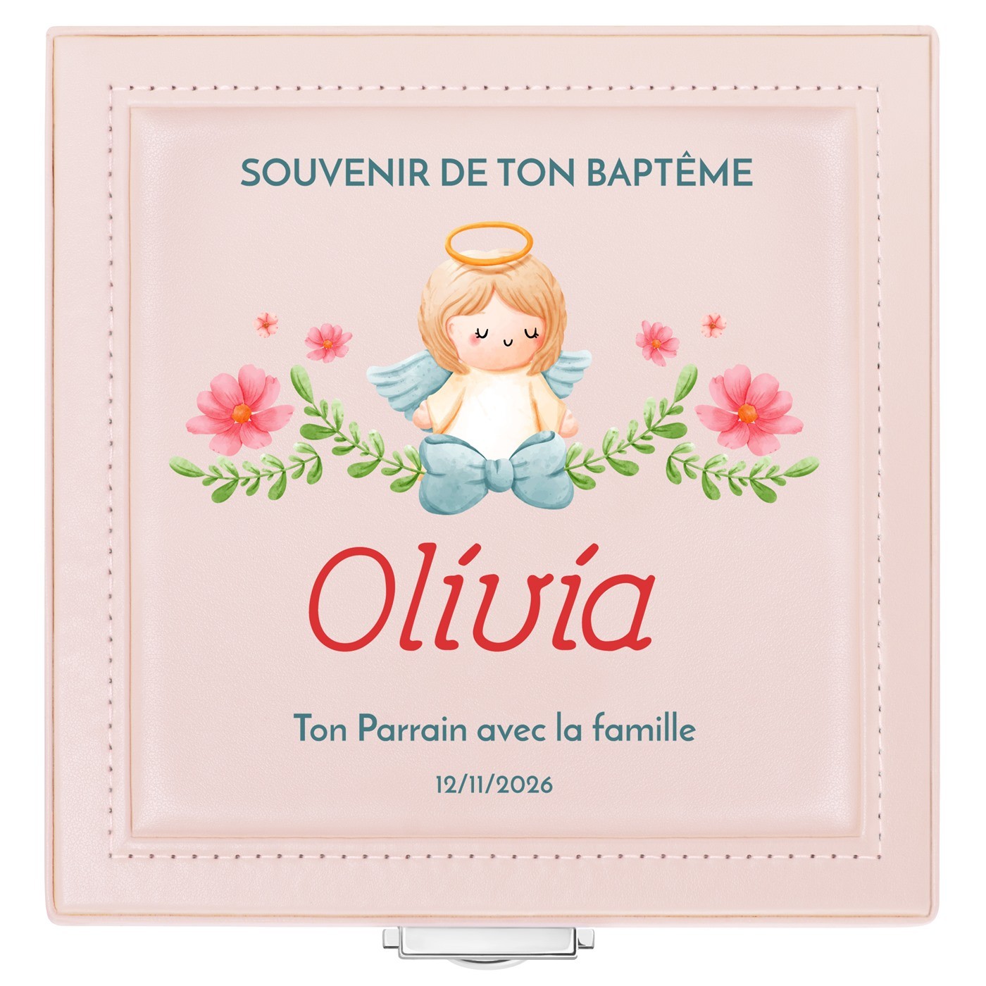 Coffret à bijoux rose avec impression pour une filleule pour son baptême