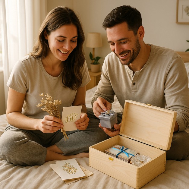 Boîte à souvenirs en bois de pin avec impression pour jeunes mariés