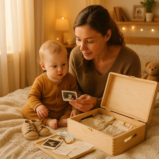 Boîte à souvenirs en bois de pin avec impression pour enfant naissance
