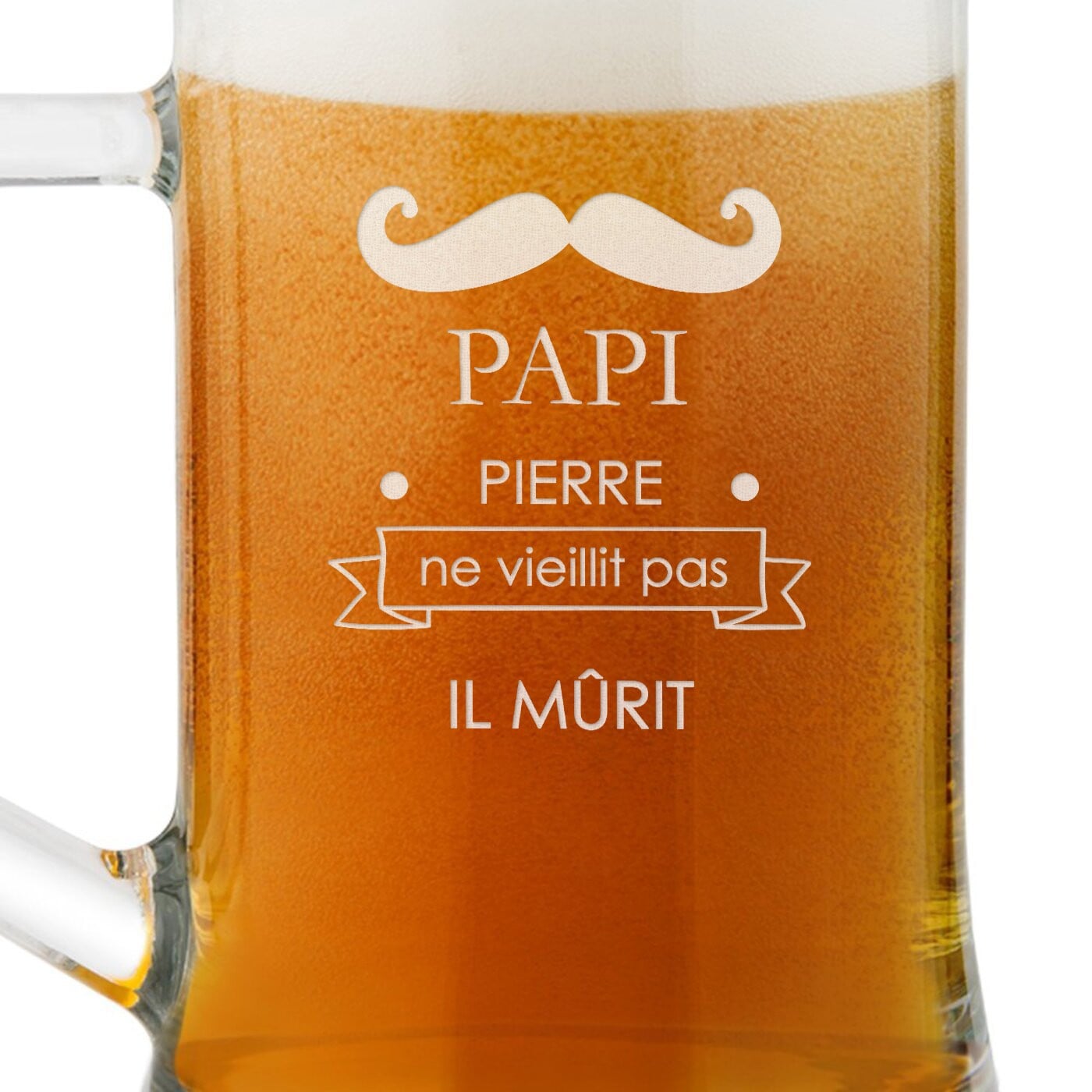 Chope en verre à bière avec gravure pour papi