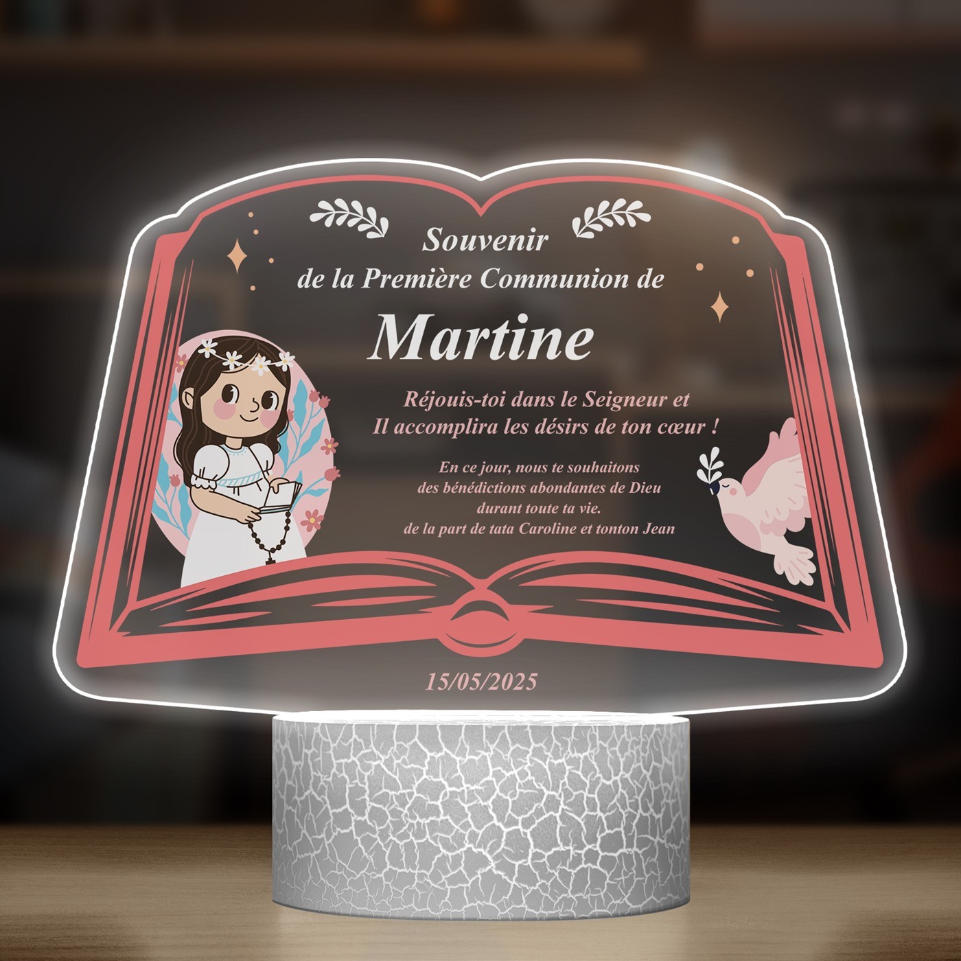 Lampe LED 3D avec impression première communion pour elle