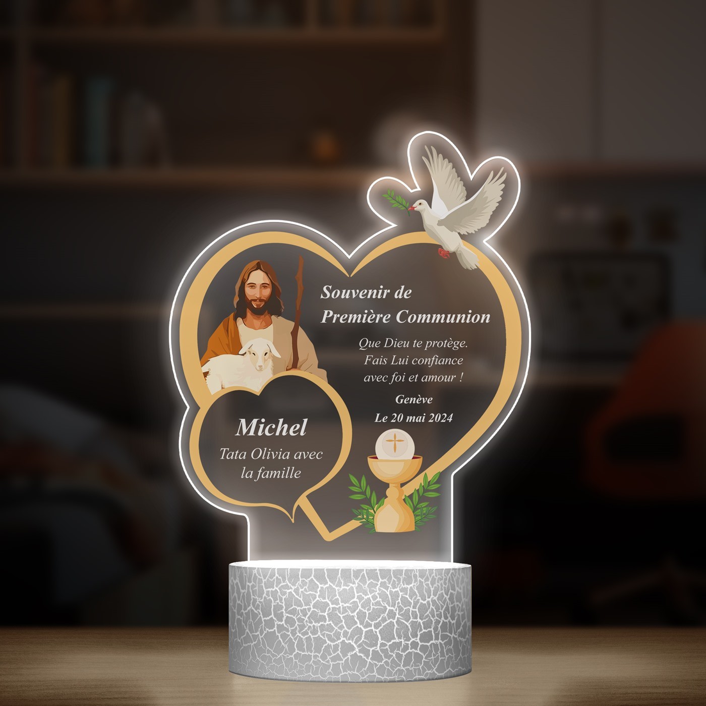 Lampe LED 3D avec impression Première Communion pour nièce