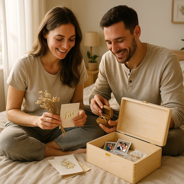 Boîte à souvenirs créative en bois de pin avec impression pour jeunes mariés