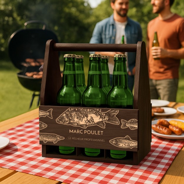 Porte-bière en bois avec gravure pour pêcheur