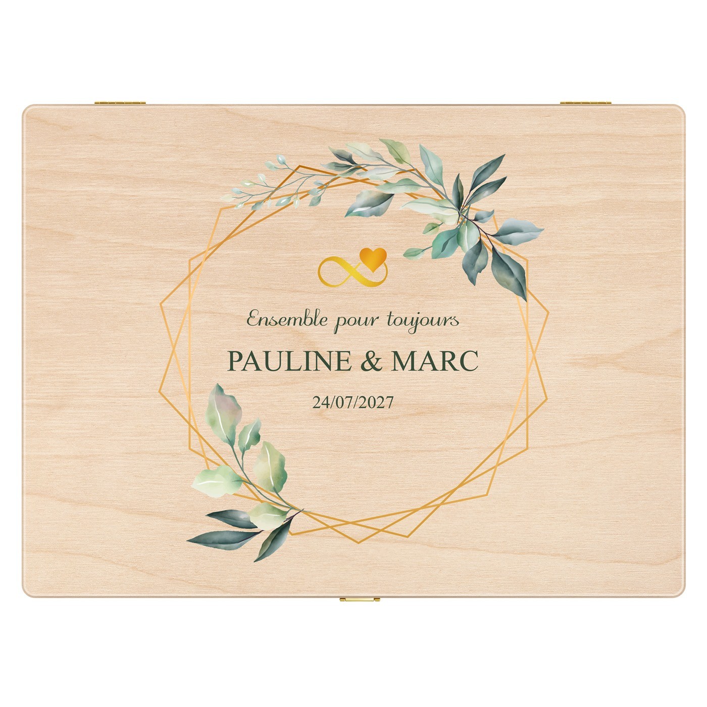 Boîte à souvenirs créative en bois de pin avec impression pour mariés