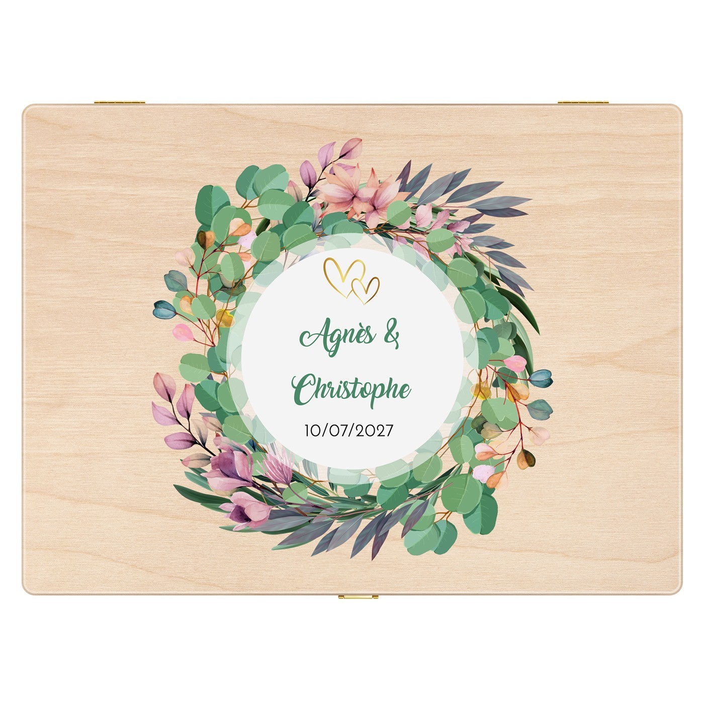 Boîte à souvenirs créative en bois de pin avec impression pour anniversaire de mariage