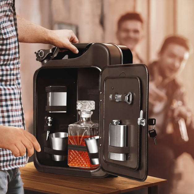 Jerrycan Mini Bar avec accessoires et gravure pour chasseur