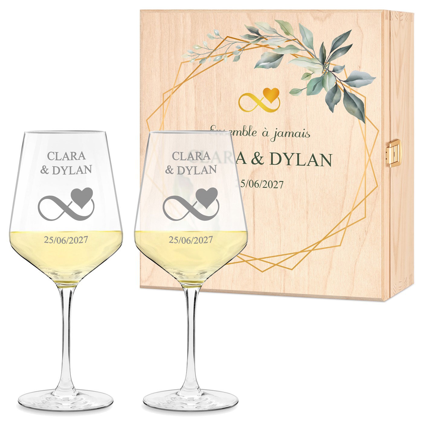 Set de 2 verres à vin gravés dans un élégant coffret personnalisé pour couple