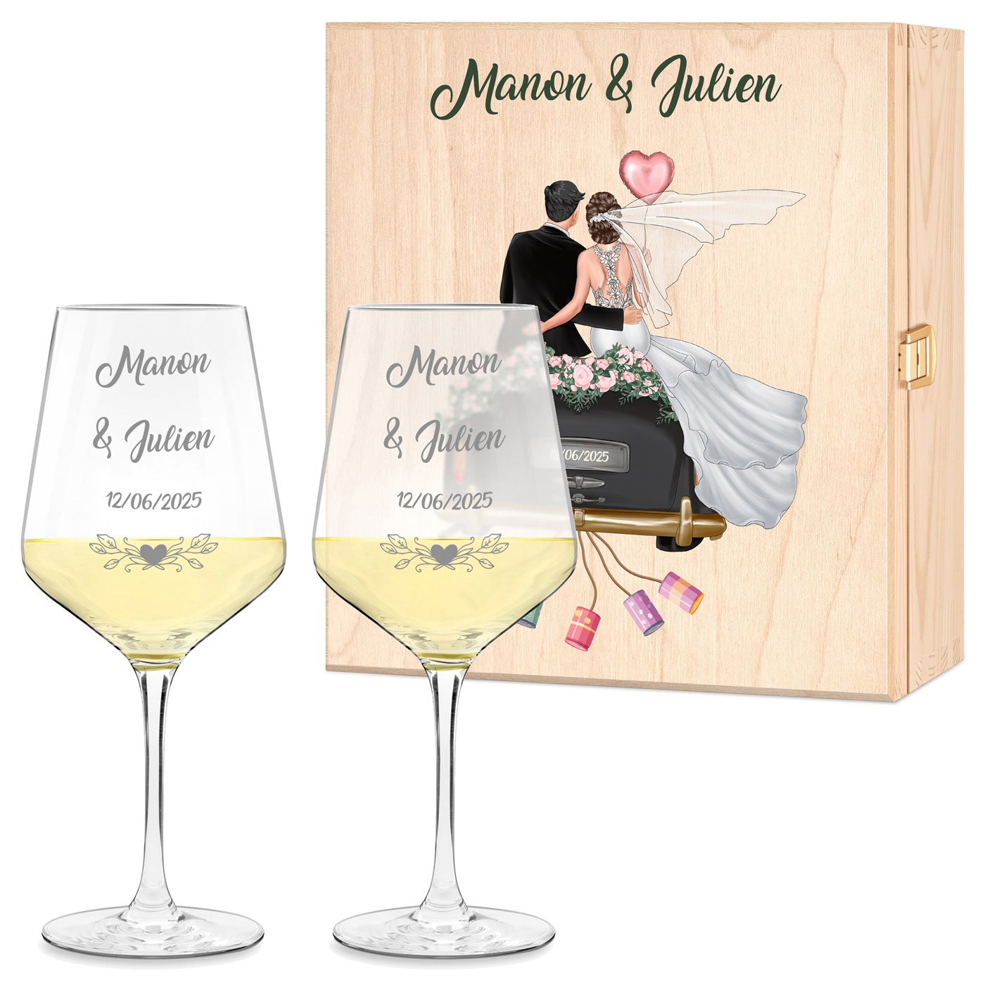 Set de 2 verres à vin gravés dans un élégant coffret personnalisé pour jeunes mariés