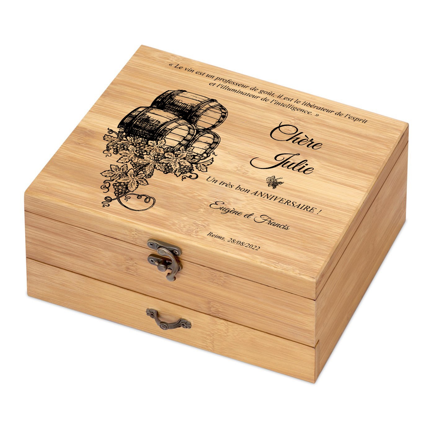Ensemble d'accessoires pour vin avec coffret en bois de bambou personnalisé pour l'anniversaire d'une fille