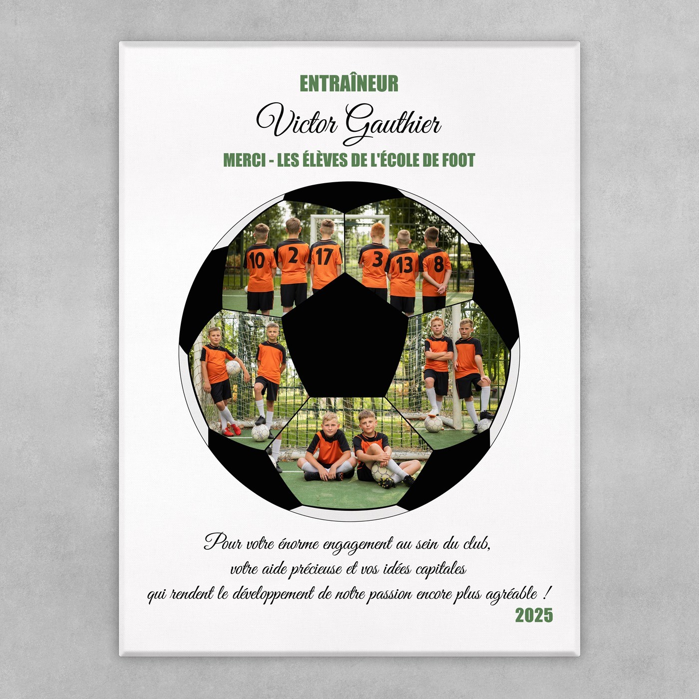 Collage photo sur toile personnalisée pour entraîneur de football