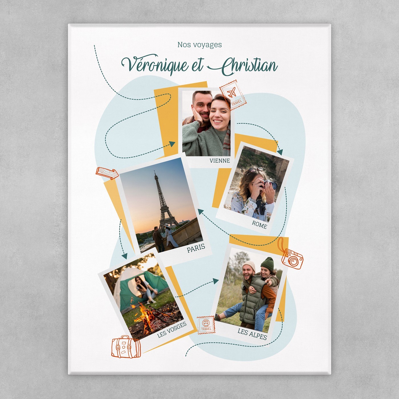 Collage photo sur toile personnalisée pour un couple de voyageurs