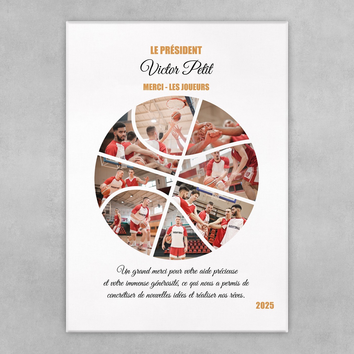 Collage photo sur toile personnalisée 50x70cm pour le président du club basket-ball