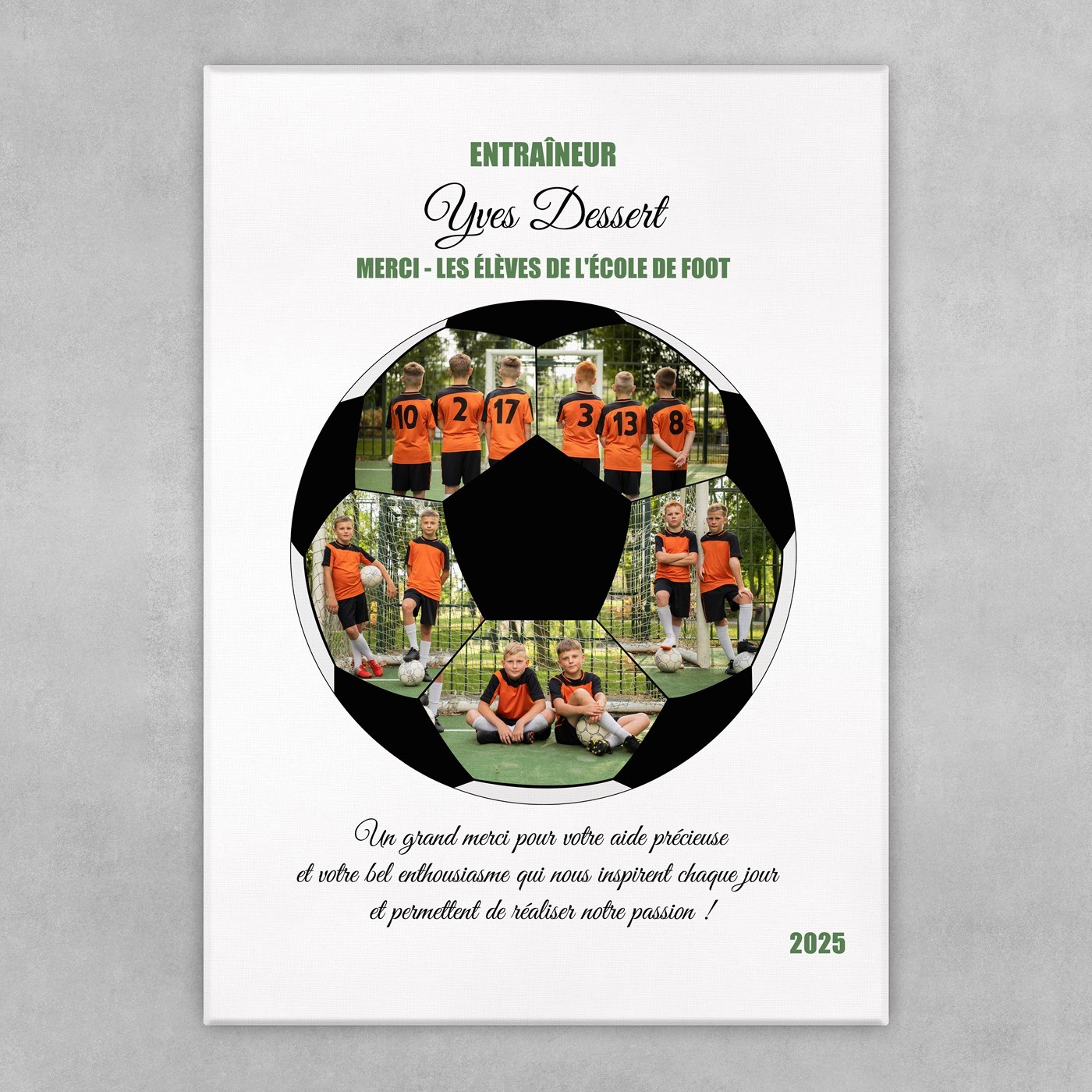 Collage photo sur toile personnalisée 50x70cm pour entraîneur de football